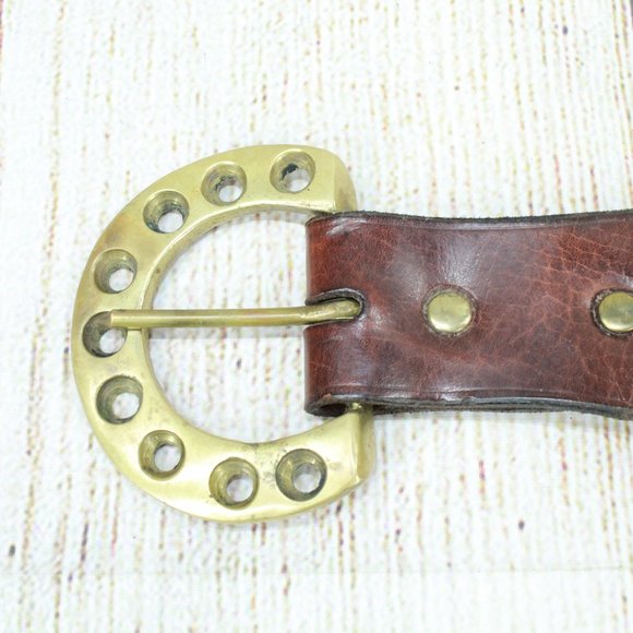 Men's Brown Leather Belt Solid Brass Buckle D-Ring Size 36 - Picture 3 of 8